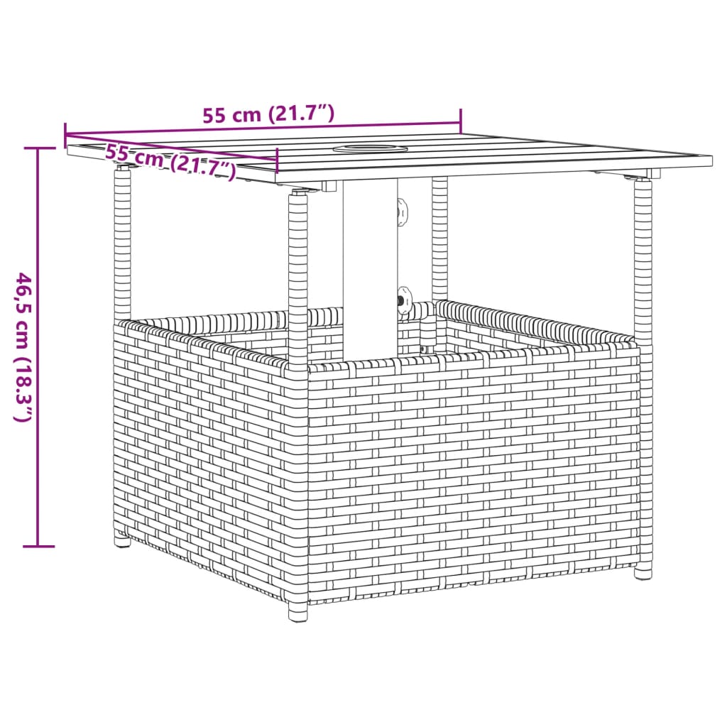 Садовый столик с отверстием для зонтика, коричневый, 55x55x46,5 см, полираттан