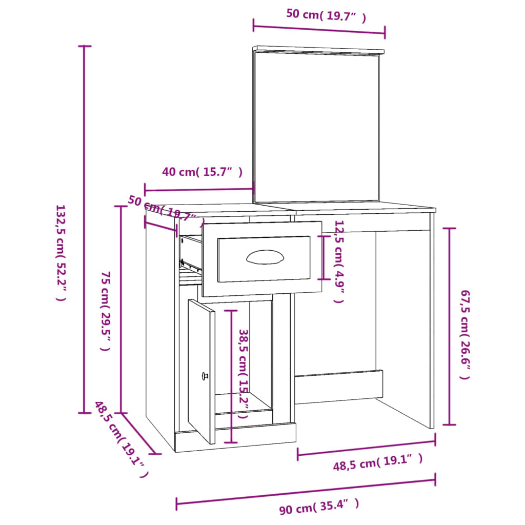 peegliga tualettlaud, hall Sonoma, 90x50x132,5 cm, tehispuit