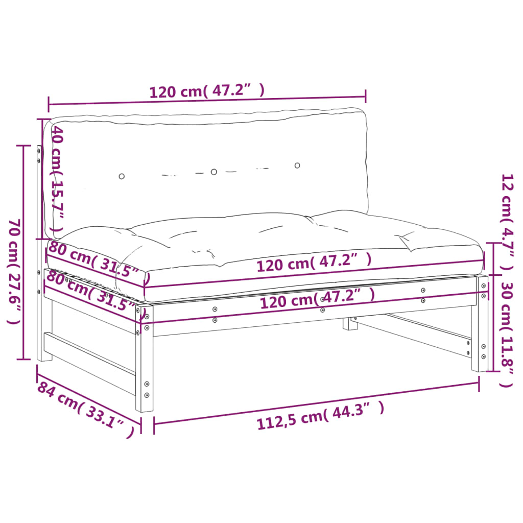 средняя часть дивана 120x80 см, необработанное дерево