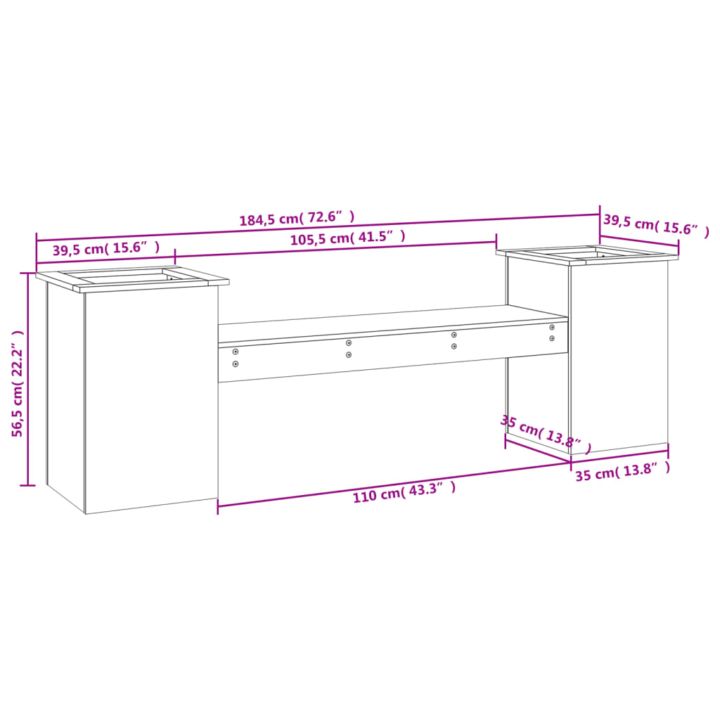 aiapink taimekastidega, valge, 184,5x39,5x56,5 cm, männipuit