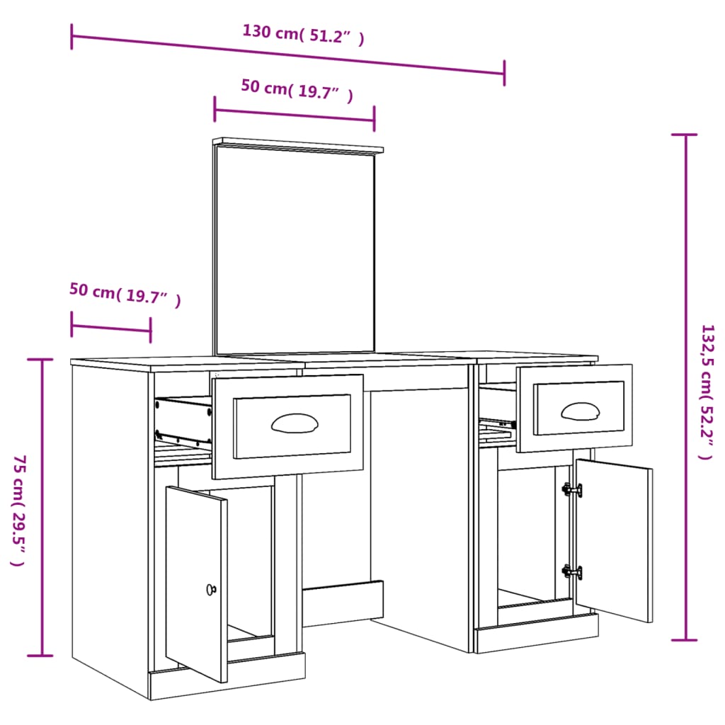 peegliga tualettlaud, hall Sonoma tamm, 130x50x132,5 cm