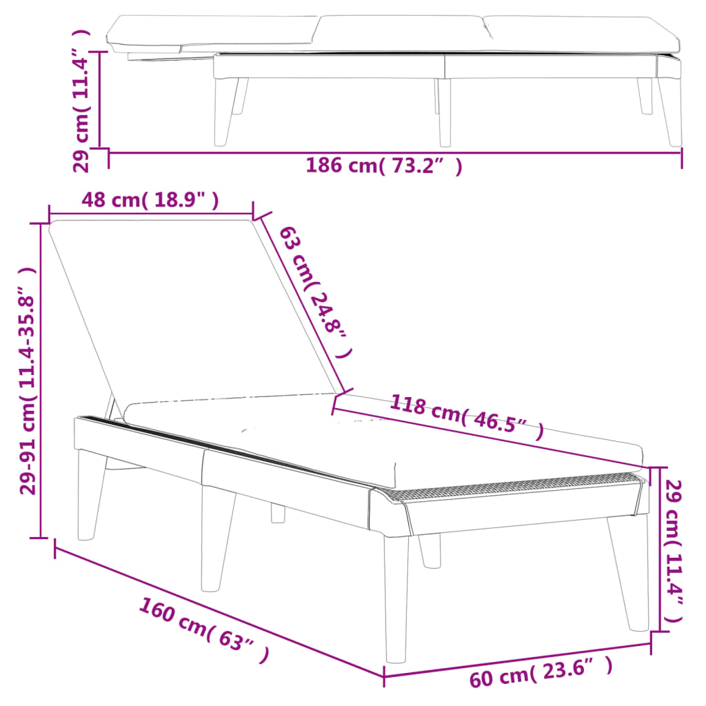 päevitustool istmepadjaga, antratsiithall, 186 x 60 x 29 cm, PP