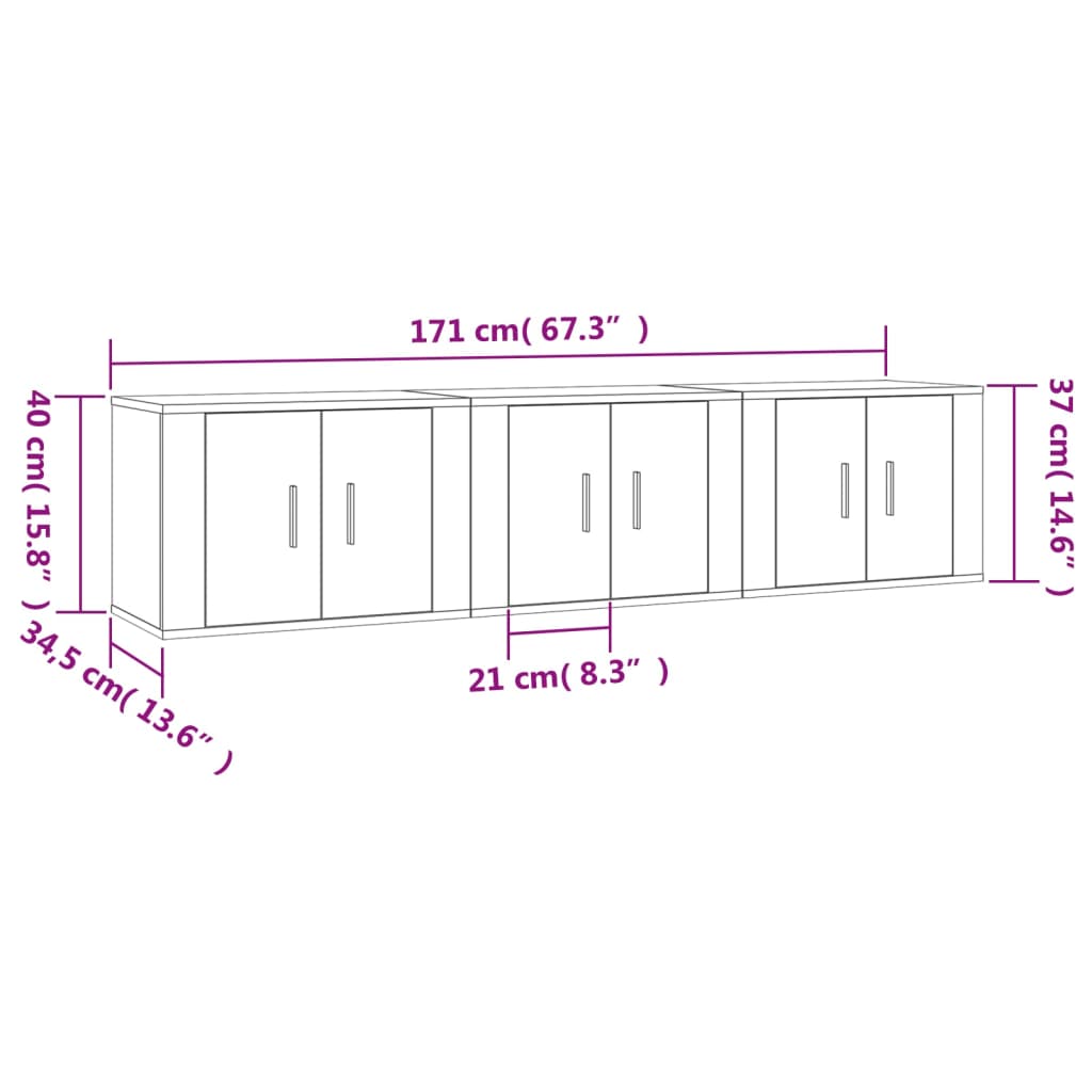 Настенные тумбы под ТВ 3 шт., коричневый дуб, 57 x 34,5 x 40 см