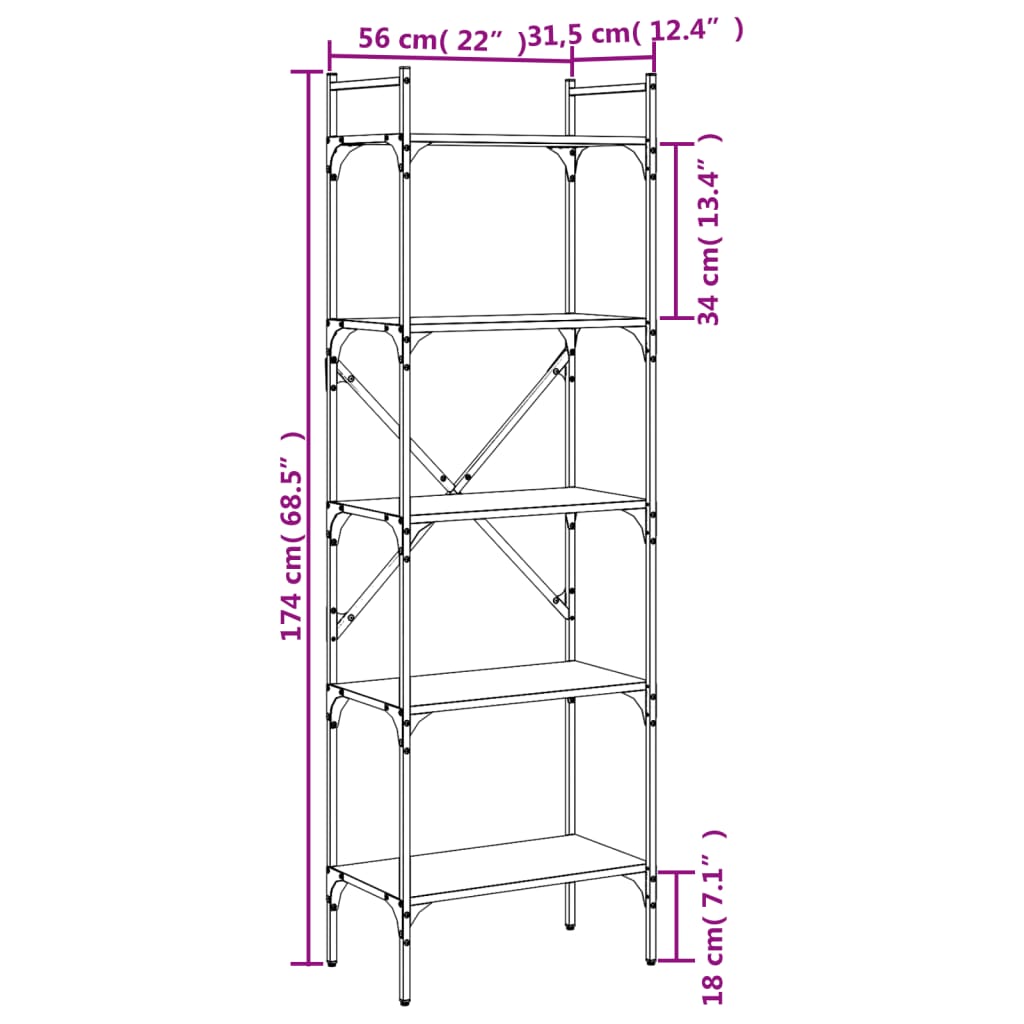 книжная полка 5-ти ярусная коричневый дуб 56x31.5x174 см искусственное дерево