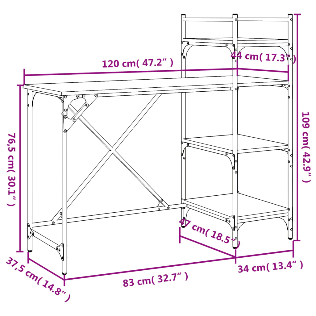 riiulitega arvutilaud, suitsutatud tamm, 120 x 47 x 109 cm