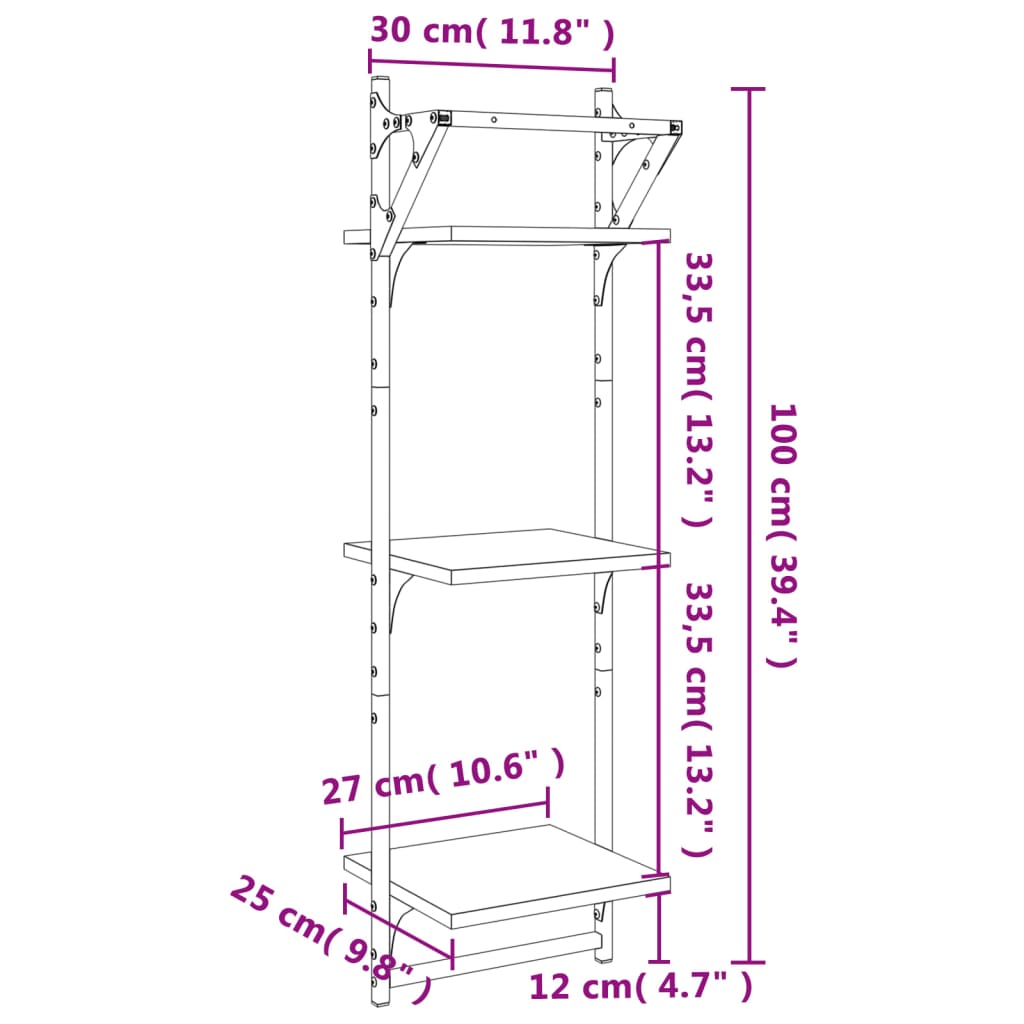 3-korruseline lattidega seinariiul, 2 tk, must, 30x25x100 cm