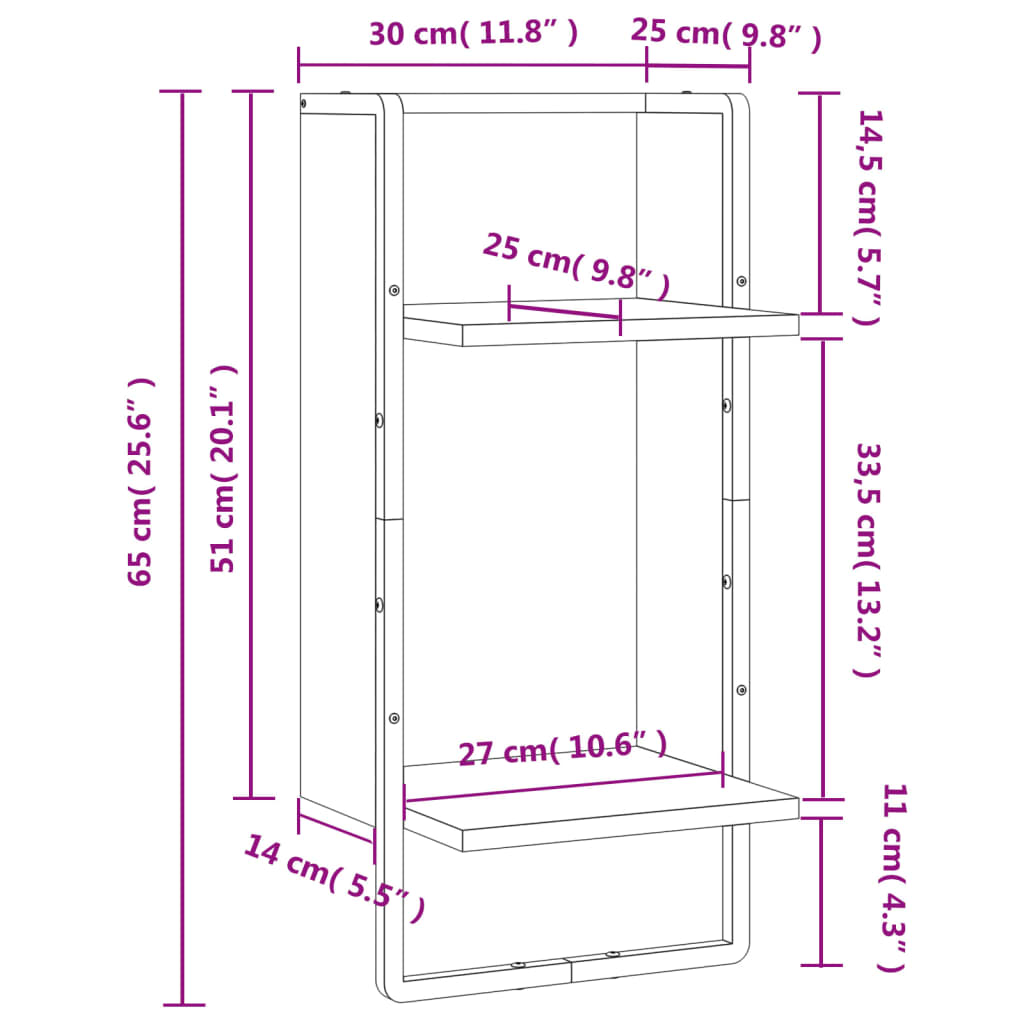 Полка настенная с планками, копченый дуб, 30 x 25 x 65 см