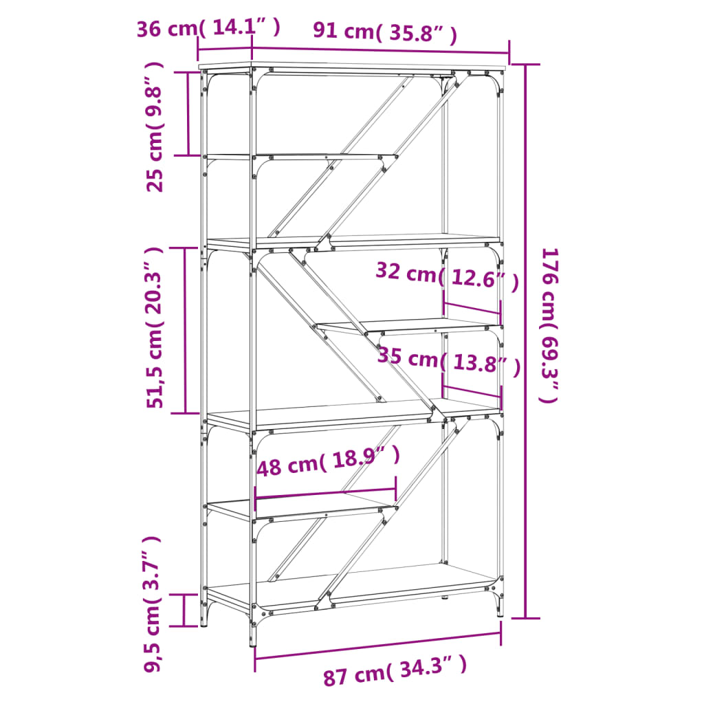 raamaturiiul, hall Sonoma tamm, 91x36x176 cm, tehispuit/teras