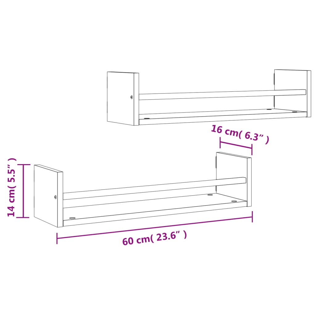 lattidega seinariiulid 2 tk, must, 60 x 16 x 14 cm