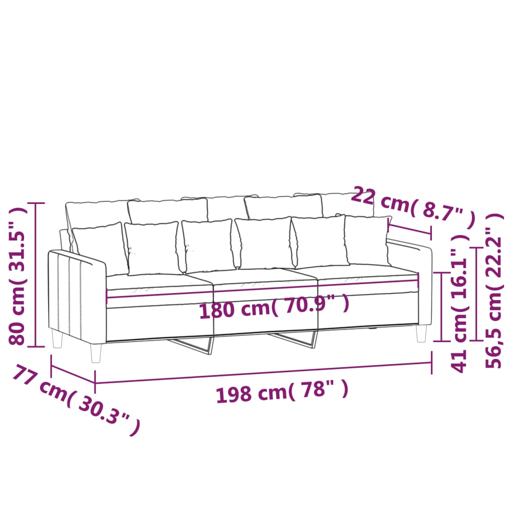 3-kohaline diivan, roosa, 180 cm, samet