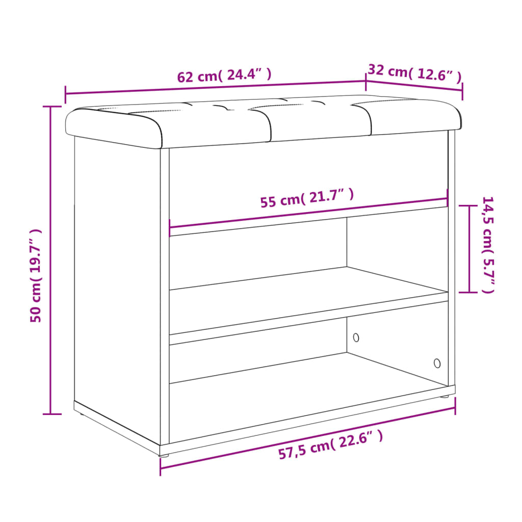 jalatsipink, suitsutatud tamm, 62 x 32 x 50 cm, tehispuit