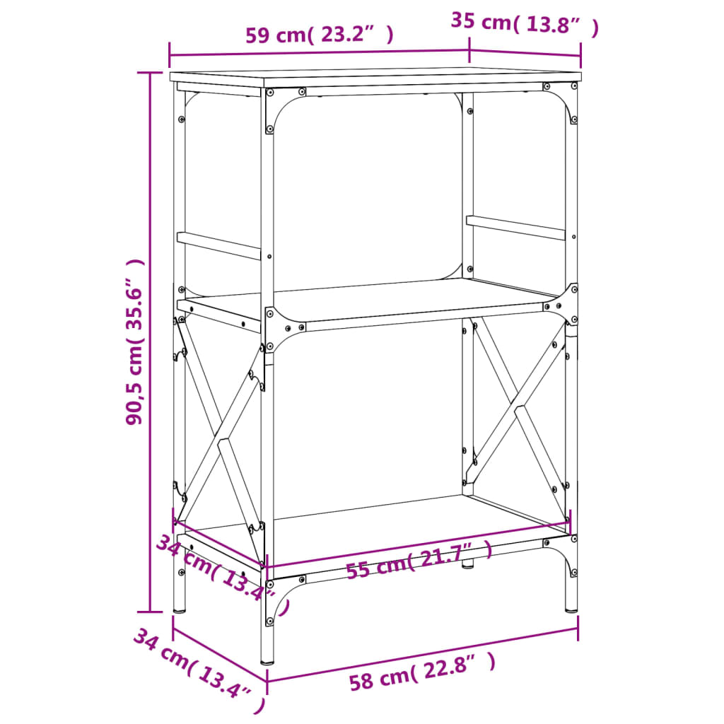 raamaturiiul 3 korrust, suitsutamm, 59x35x90,5 cm, tehispuit