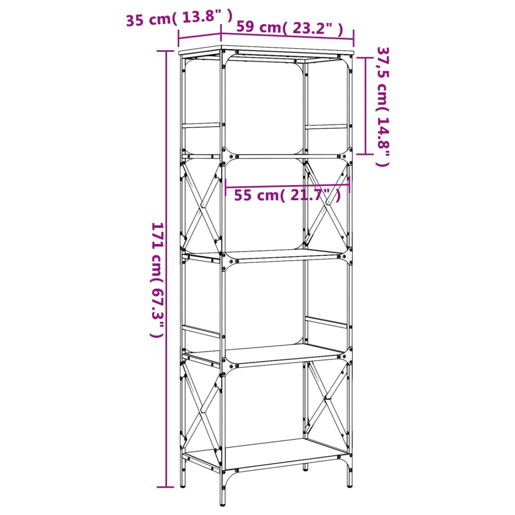 книжная полка 5-ти ярусная черная 59x35x171 см искусственное дерево