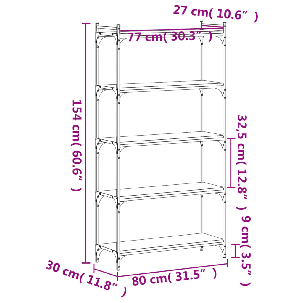 Книжная полка 5-ти ярусная, черная, 80x30x154 см, искусственное дерево