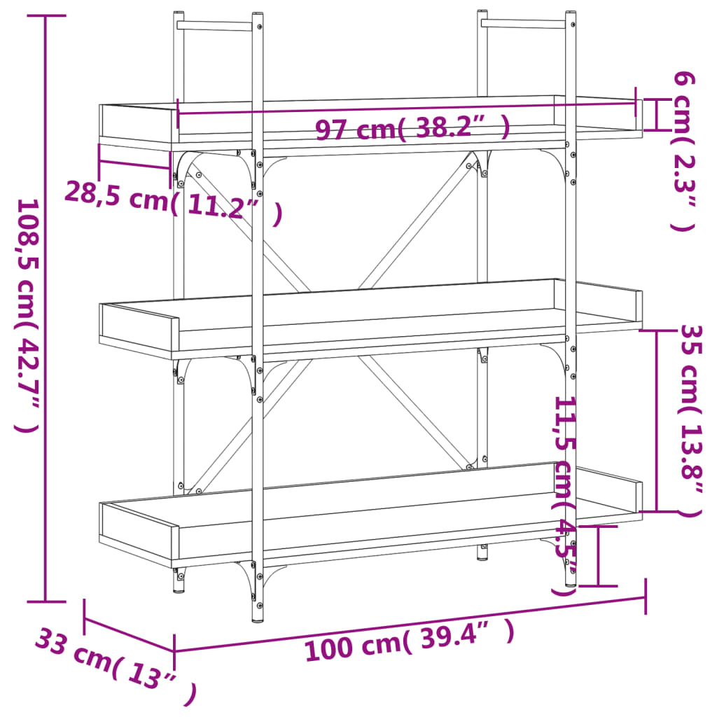 raamaturiiul 3 korrust, suitsutamm, 100x33x108,5 cm, tehispuit