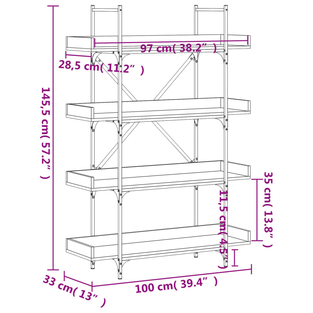 4-korruseline raamaturiiul, must, 100x33x145,5 cm, tehispuit