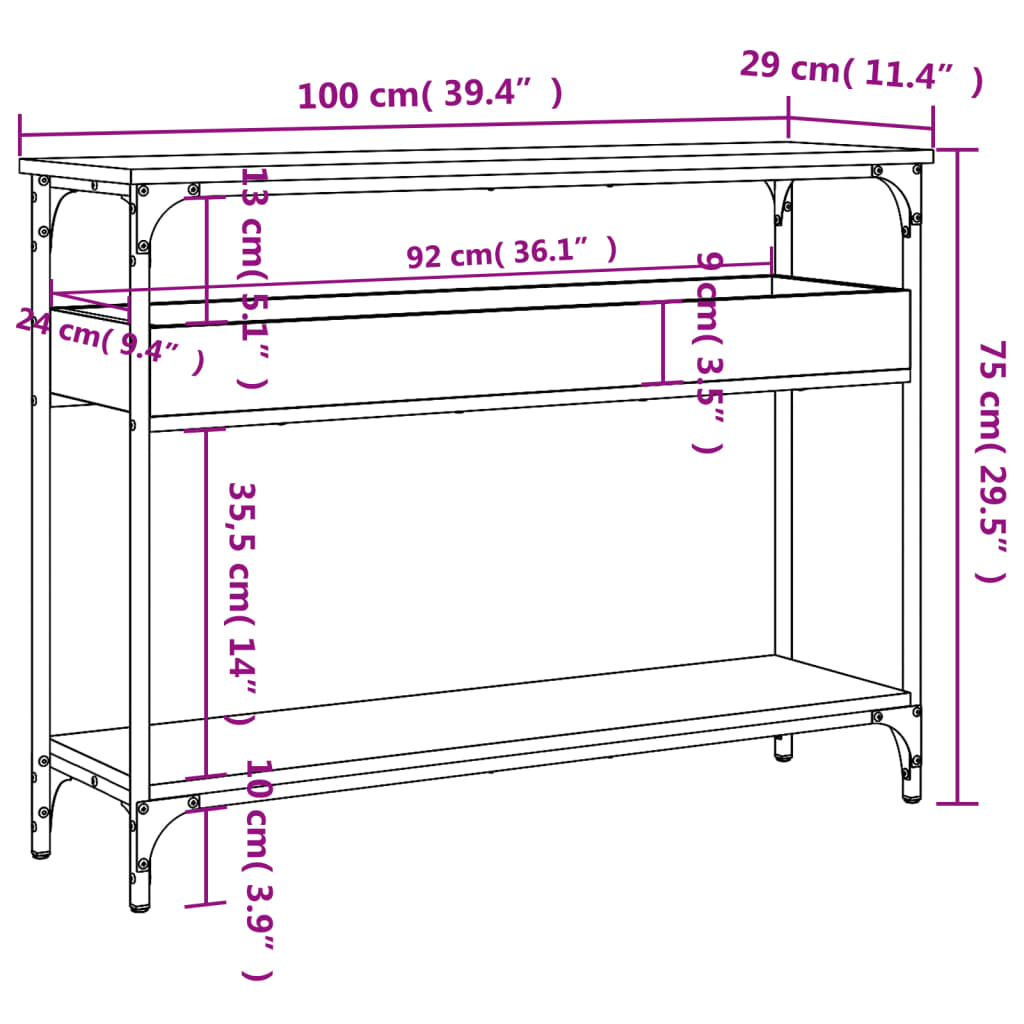 riiuliga konsoollaud, must, 100 x 29 x 75 cm, tehispuit