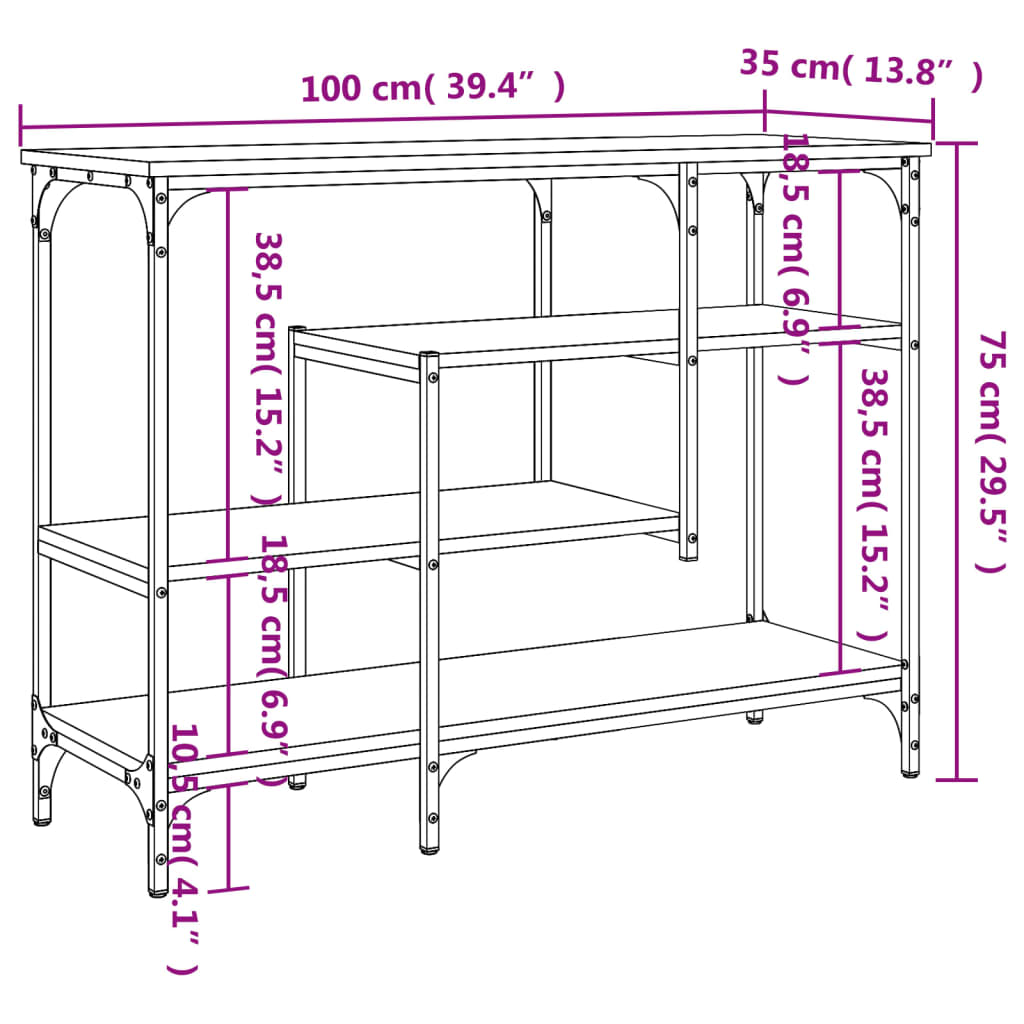 riiulitega konsoollaud, hall Sonoma tamm, 100 x 35 x 75 cm