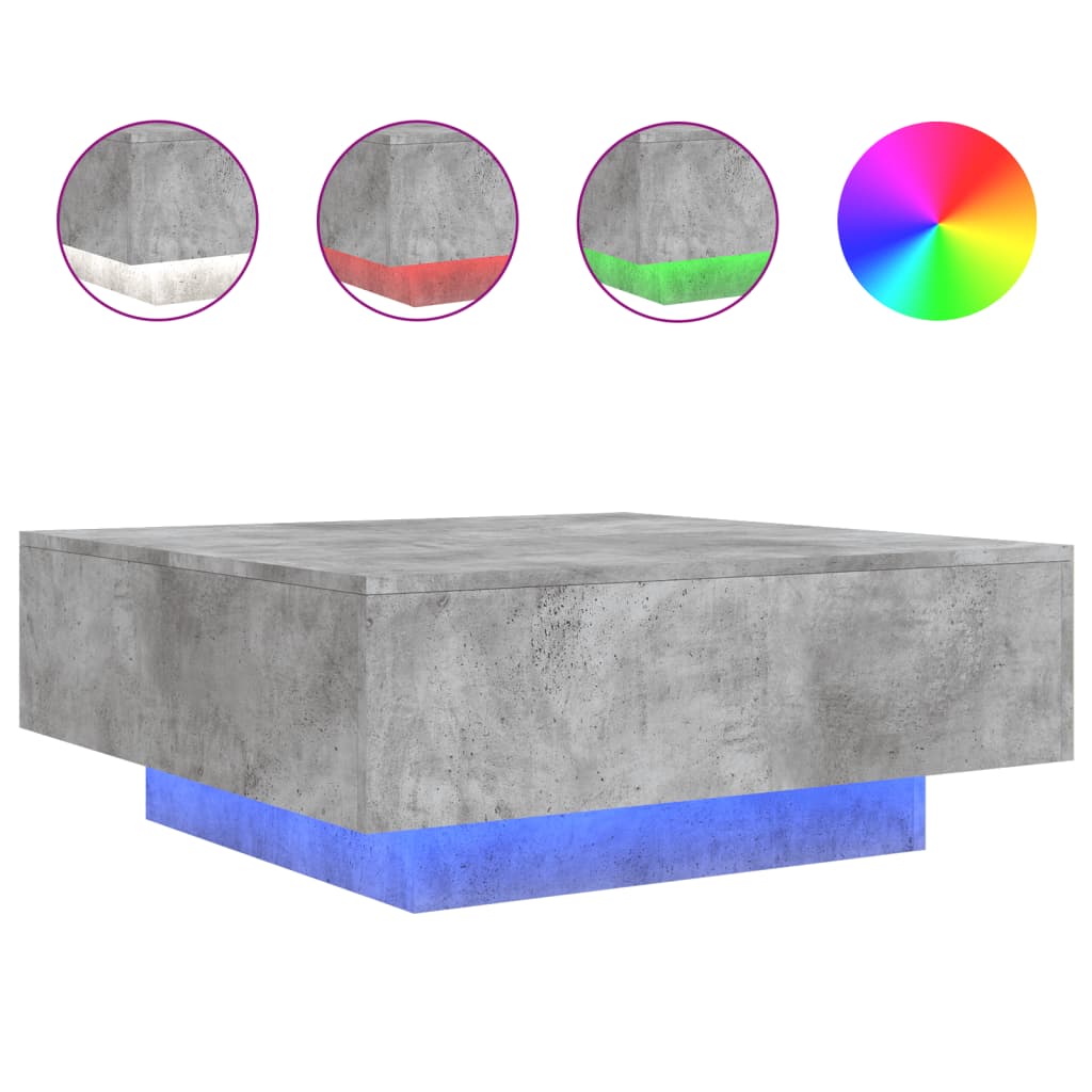 kohvilaud LED-tuledega, betoonhall, 80 x 80 x 31 cm