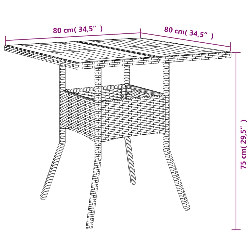 Садовый стол со столешницей из акации, черный, 80x80x75 см, ротанг ПЭ