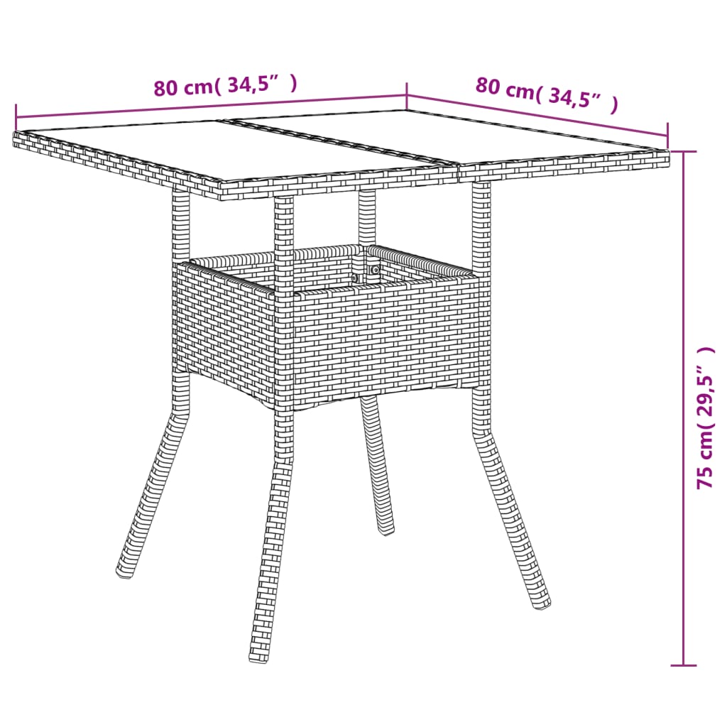 Садовый стол со стеклянной столешницей, черный, 80 x 80 x 75 см, полираттан