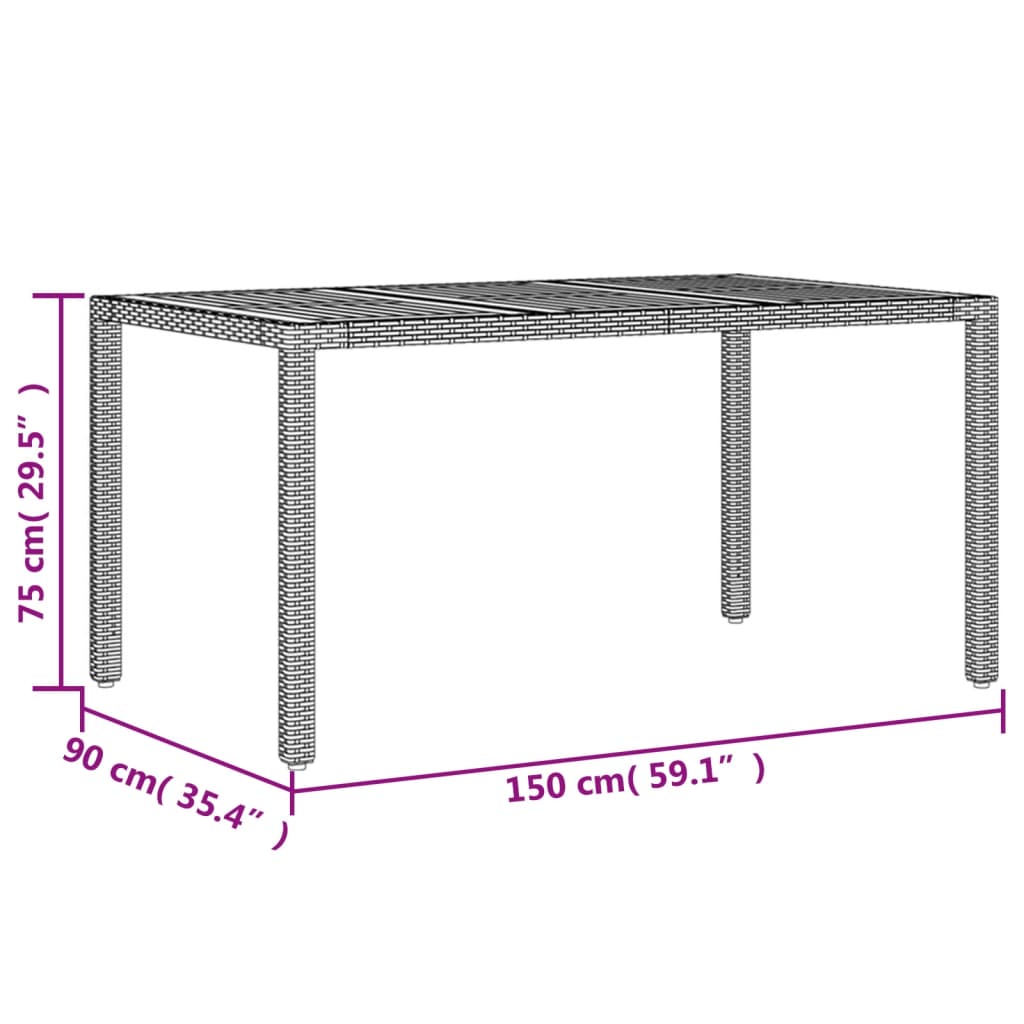 aialaud akaatsiapuidust plaadiga, hall, 150x90x75 cm, PE-rotang