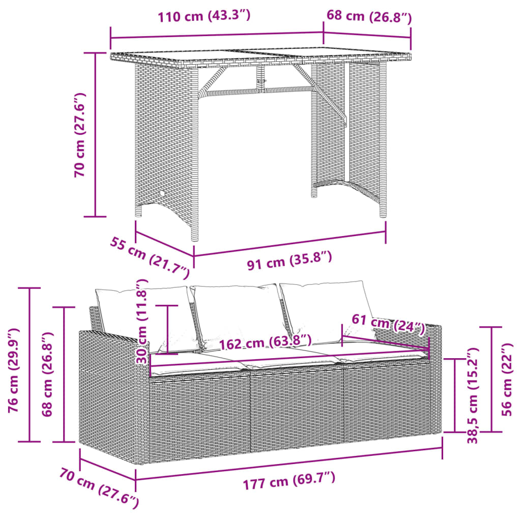 2-osaline aiamööbli komplekt patjadega, hall, polürotang