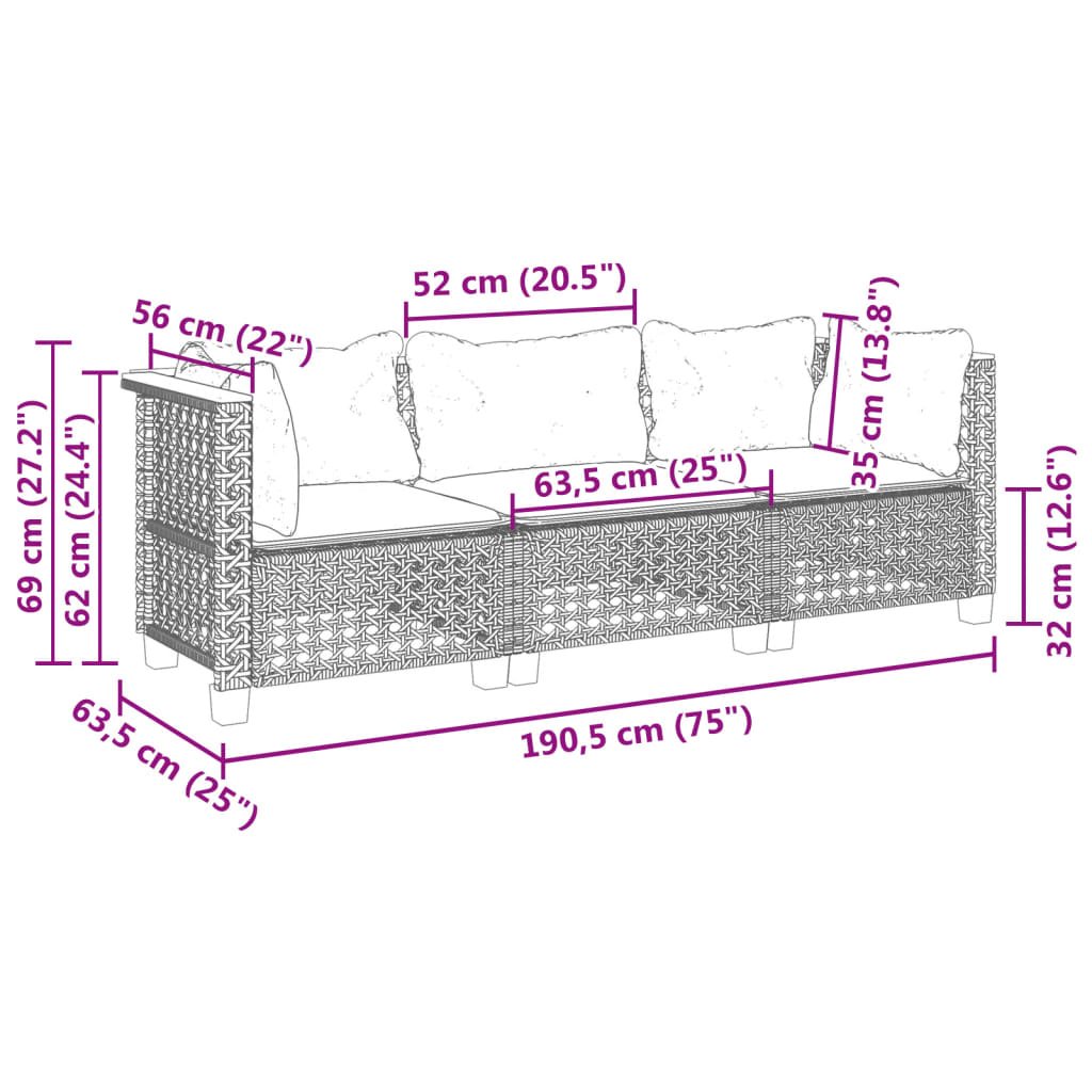 3-kohaline aiadiivan koos patjadega, hall, polürotang