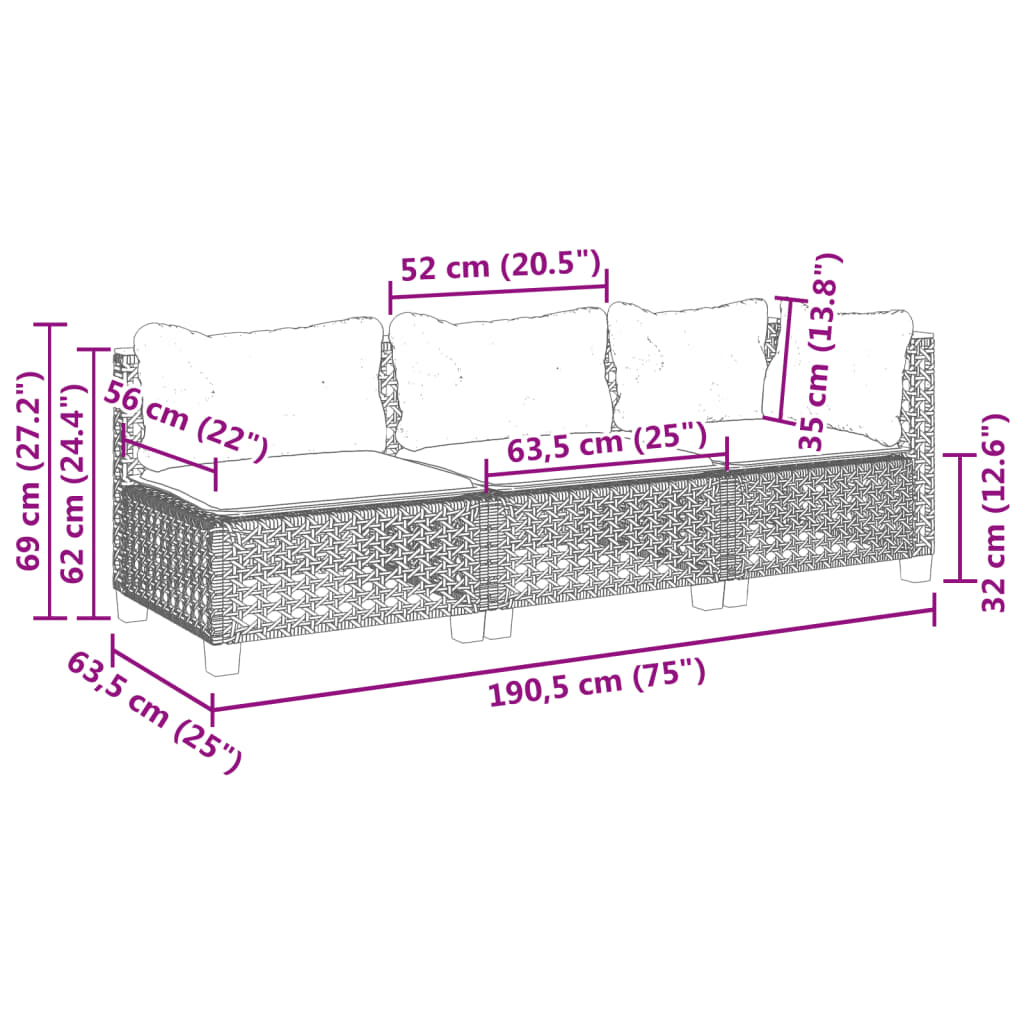 3-kohaline aiadiivan koos patjadega, hall, polürotang