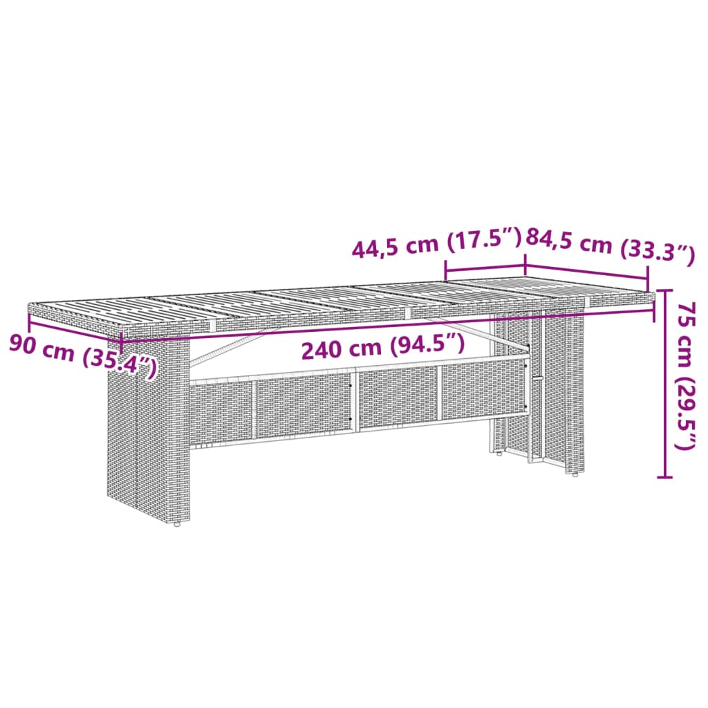 aialaud akaatsiapuidust plaadiga, hall, 240x90x75 cm, PE-rotang