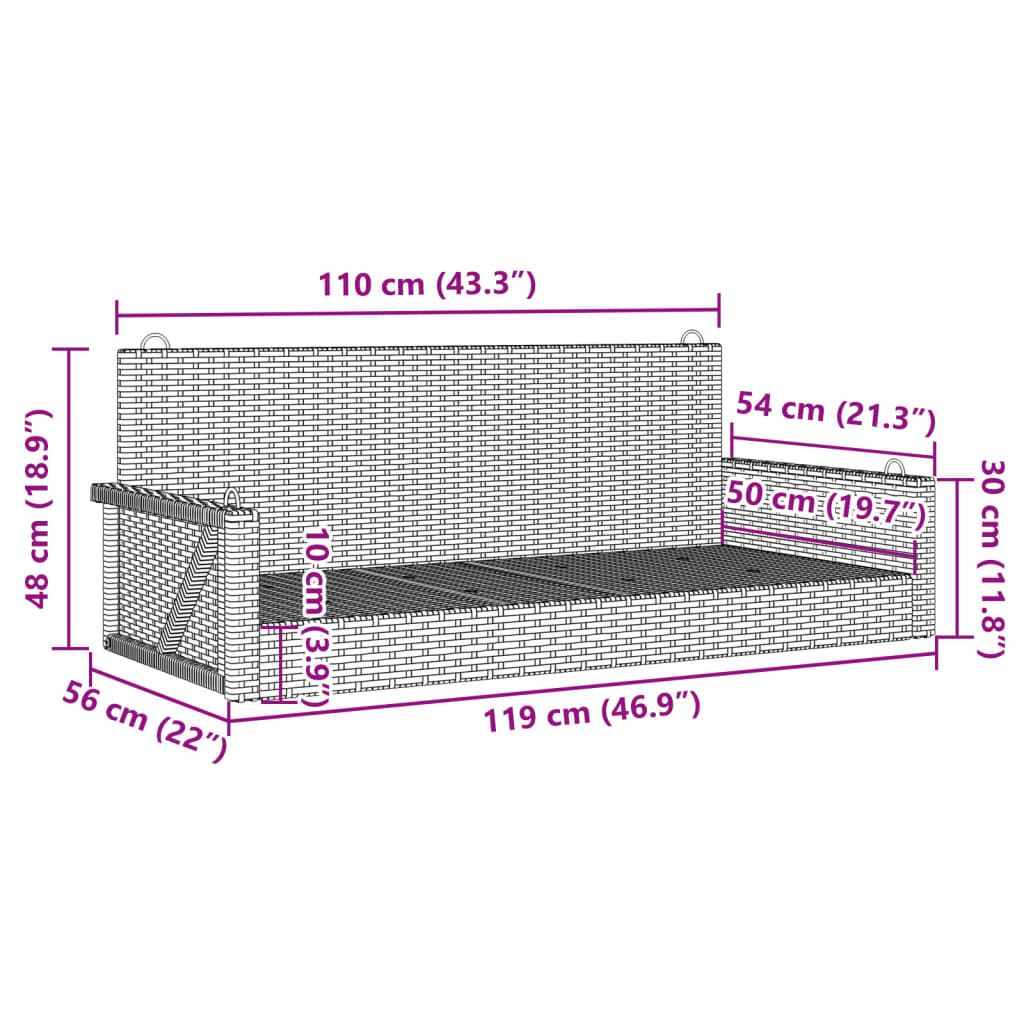 kiikpink, must, 119x56x48 cm, polürotang