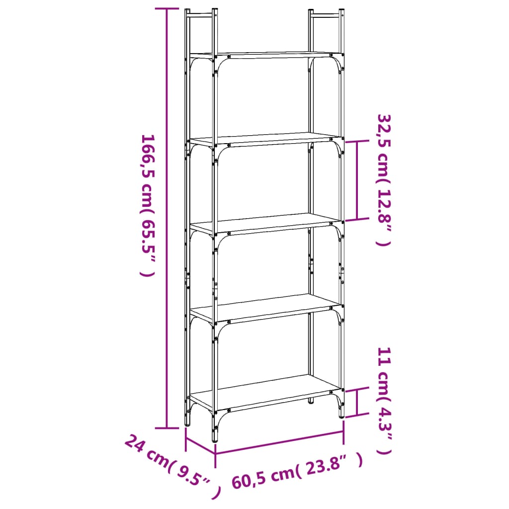 raamaturiiul 5-korruseline, hall Sonoma tamm, 60,5x24x166,5 cm