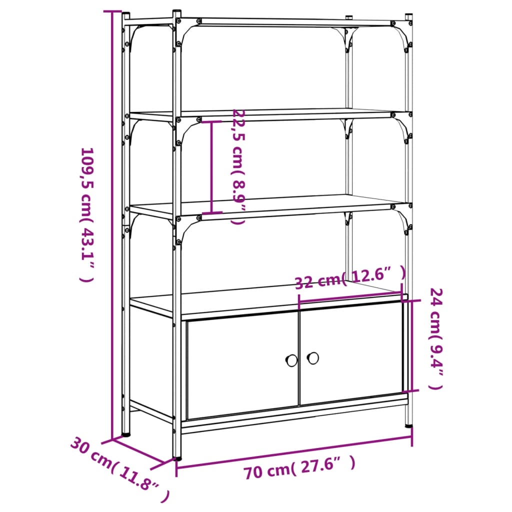 книжная полка 3 яруса, коричневый дуб, 70x30x109,5 см, искусственное дерево