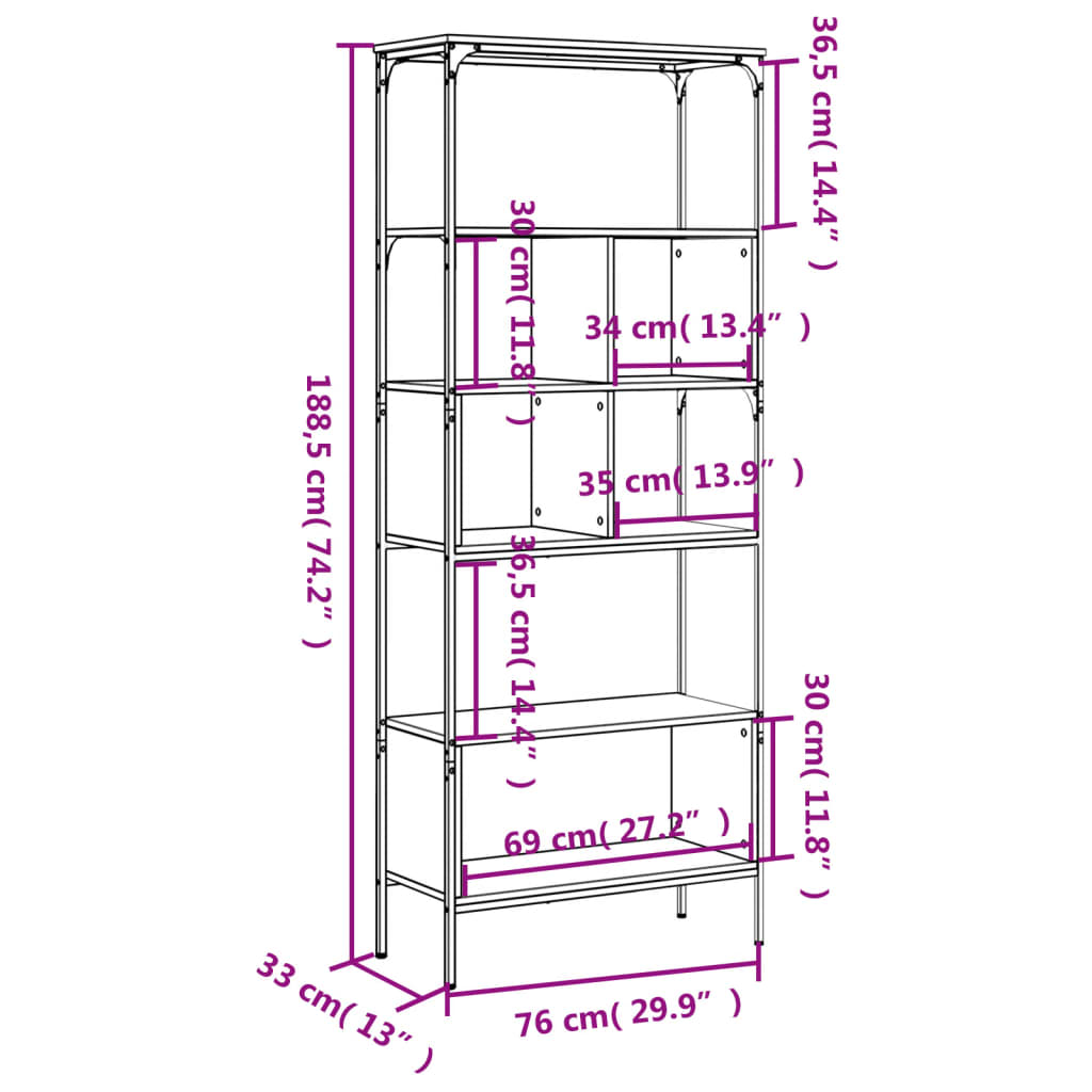 raamaturiiul 5 korrust, hall Sonoma, 76x33x188,5 cm, tehispuit