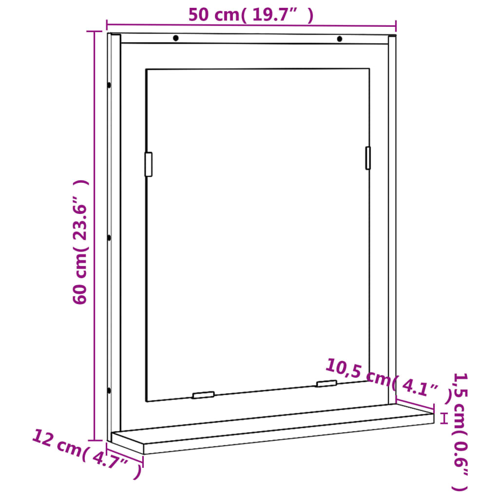 Зеркало для ванной с полкой, черное, 50 x 12 x 60 см, искусственное дерево