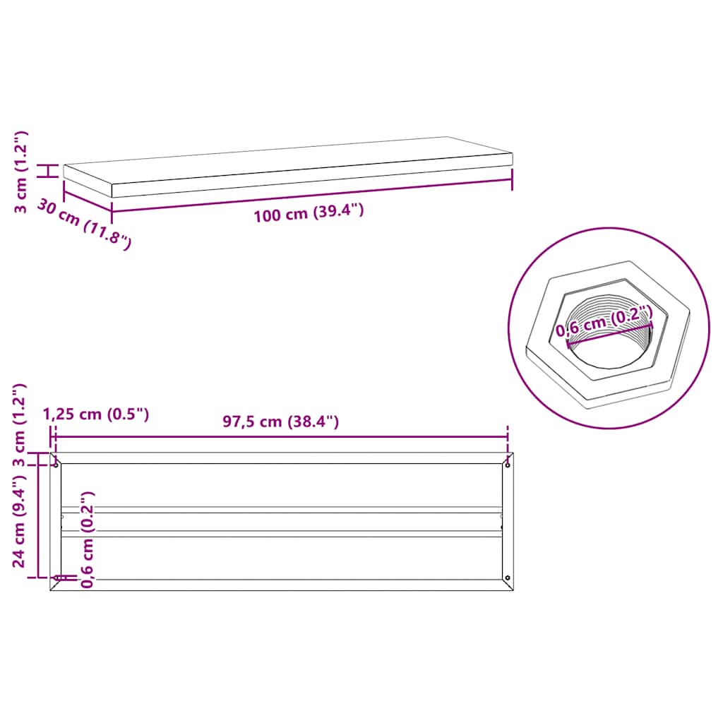 seinariiulid 2 tk, 100x30x3 cm, must, roostevaba teras