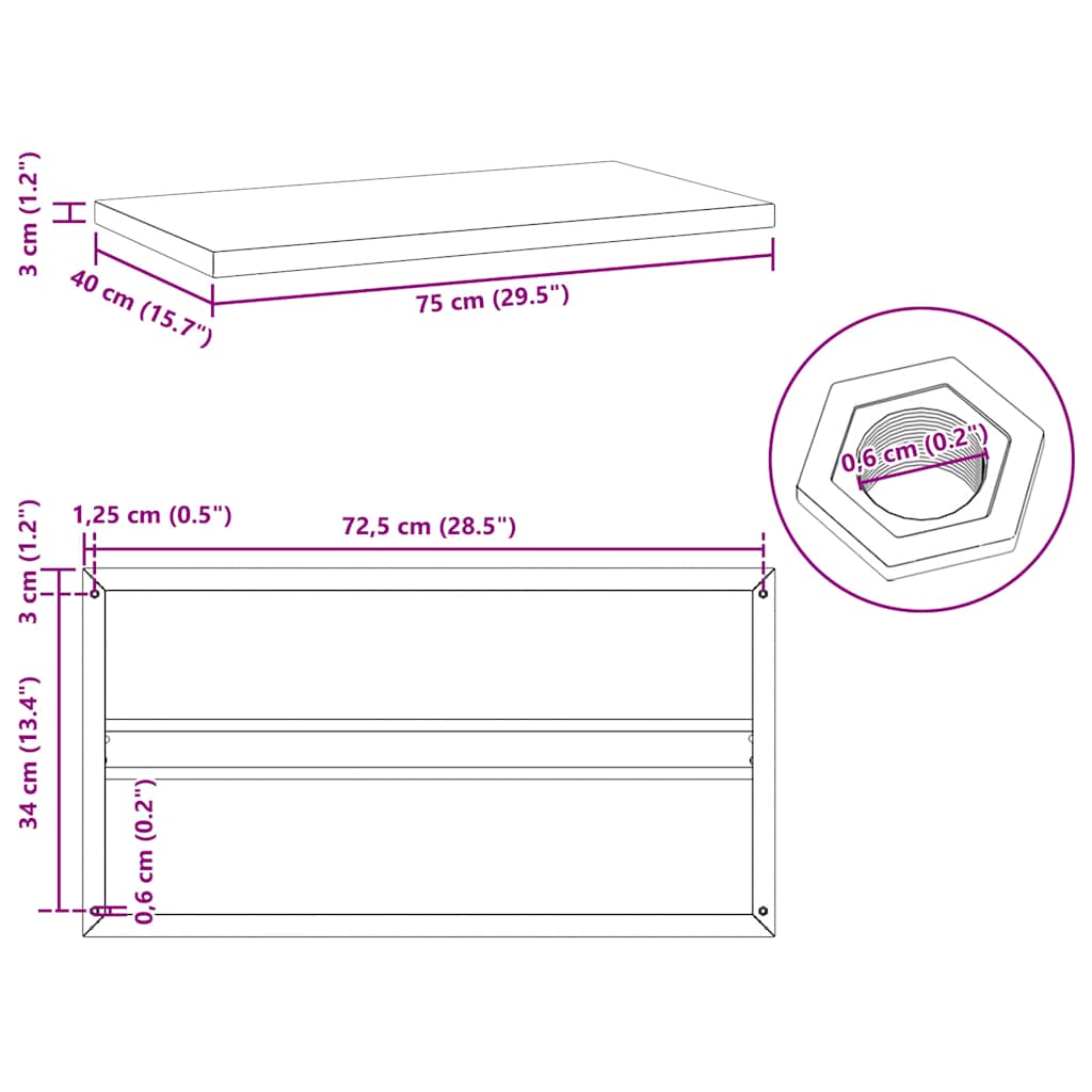 seinariiulid 2 tk, 75x40x3 cm, must, roostevaba teras