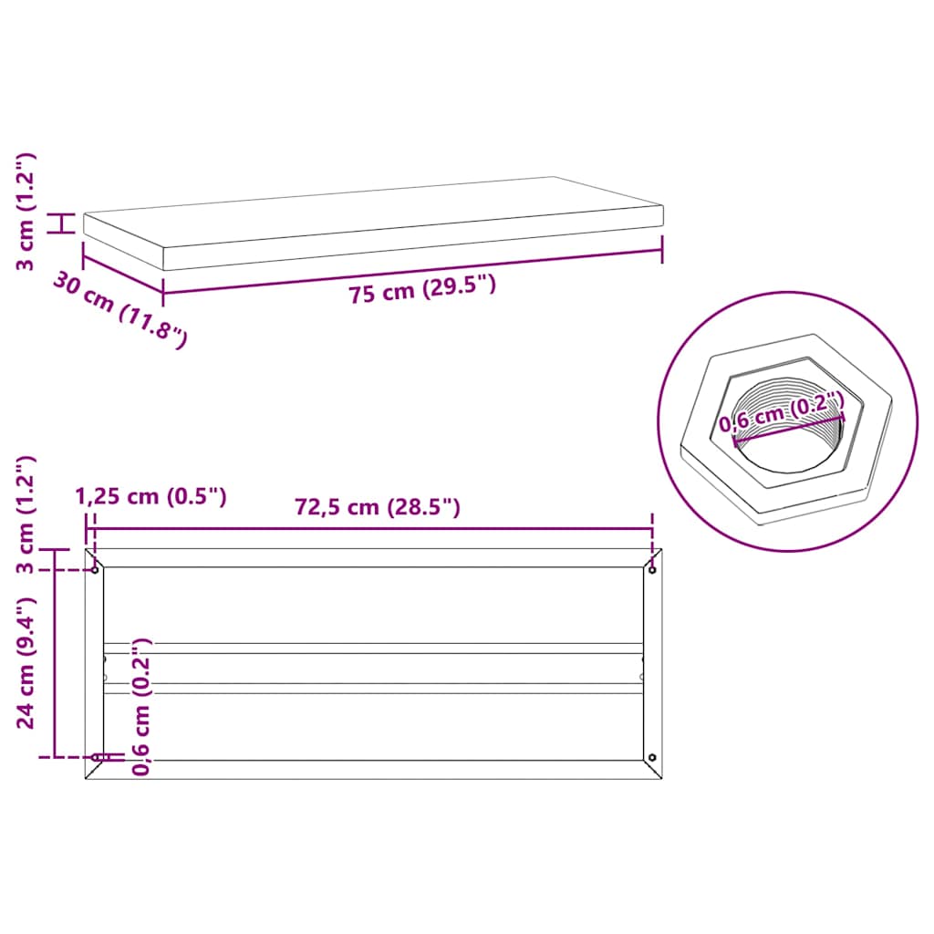 seinariiulid 2 tk, 75x30x3 cm, must, roostevaba teras