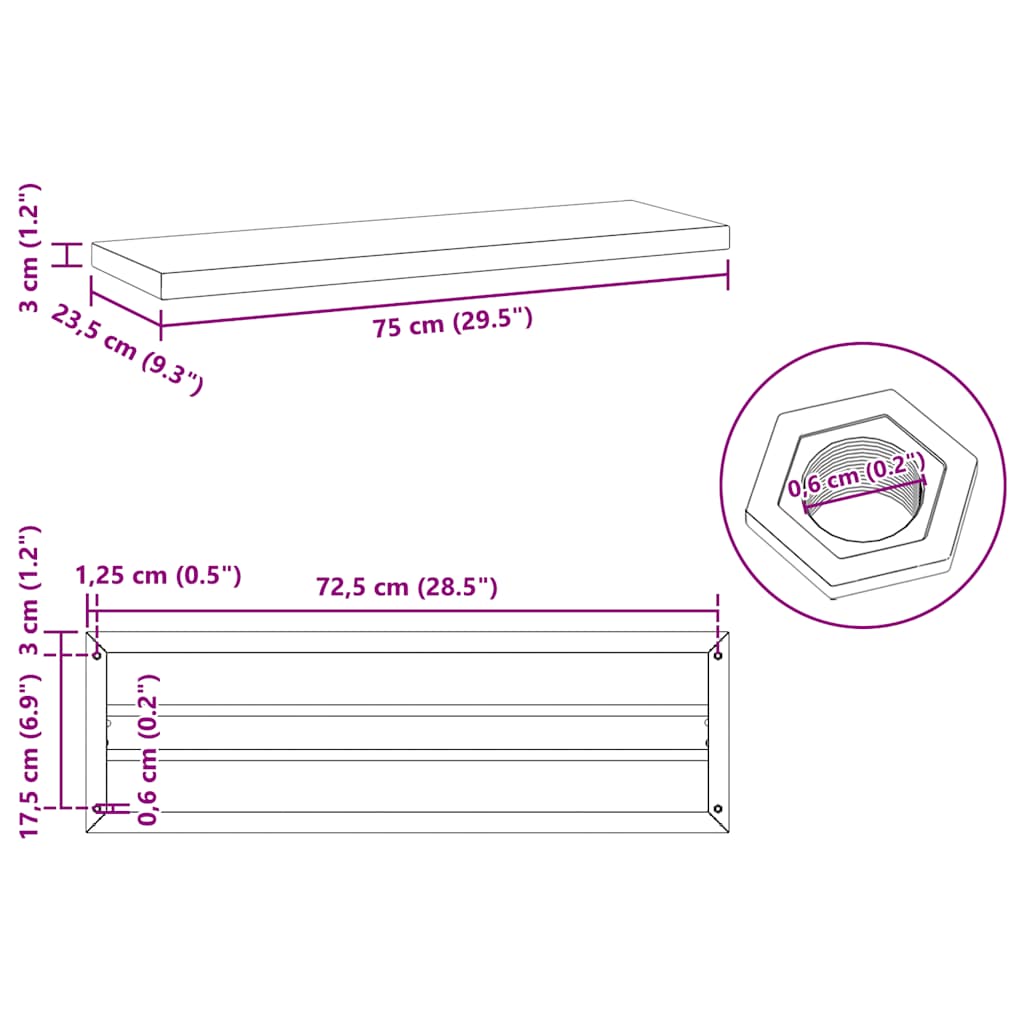 seinariiulid 2 tk, 75x23,5x3 cm, must, roostevaba teras