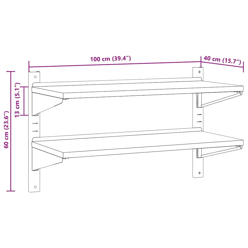 2-korruseline seinariiul 100x45x31 cm hõbedane roostevaba teras