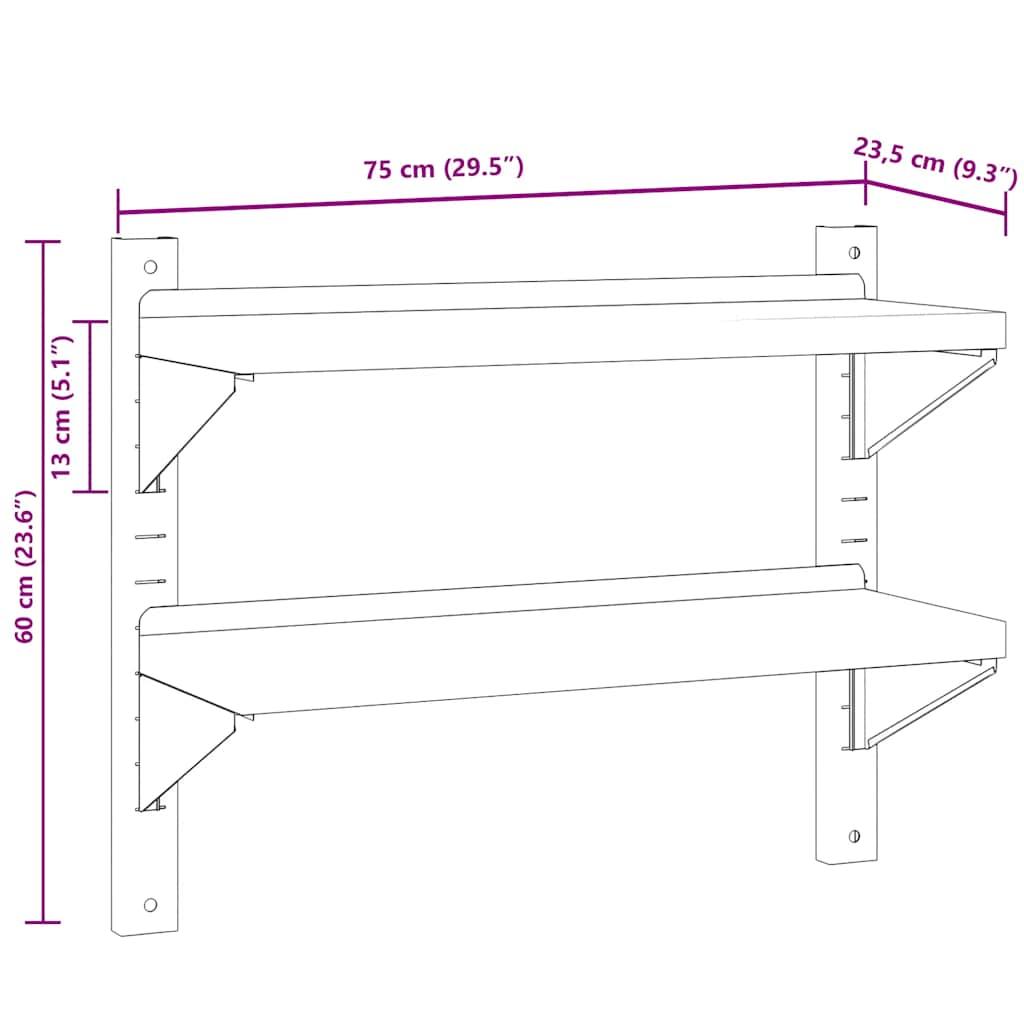 2-korruseline seinariiul 75x23,5x60cm hõbedane roostevaba teras