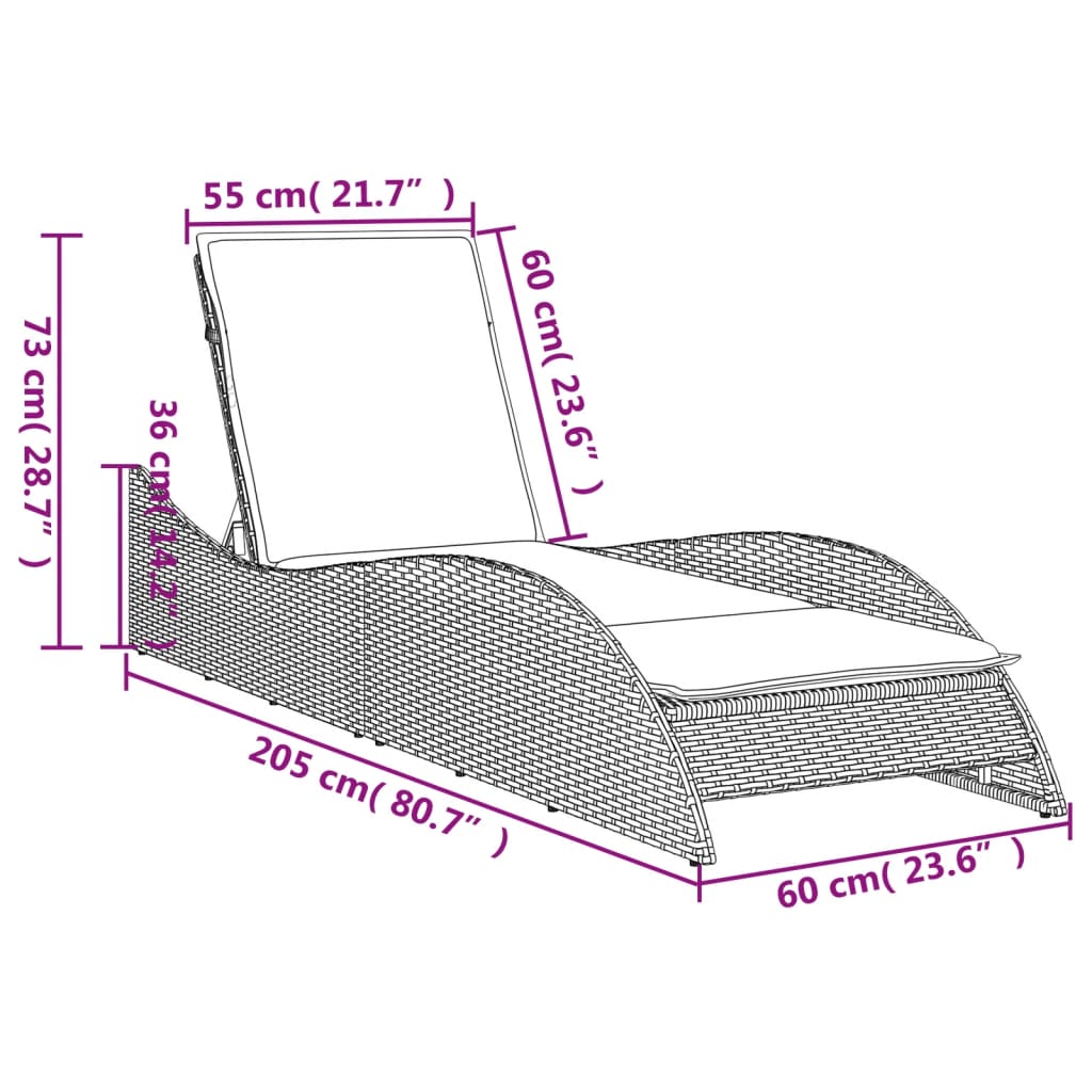 päevitustool padjaga, must, 60x205x73 cm, polürotang