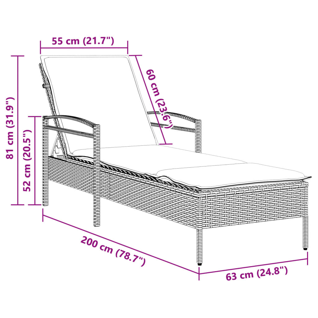 päevitustool padjaga, must, 63x200x81 cm, polürotang