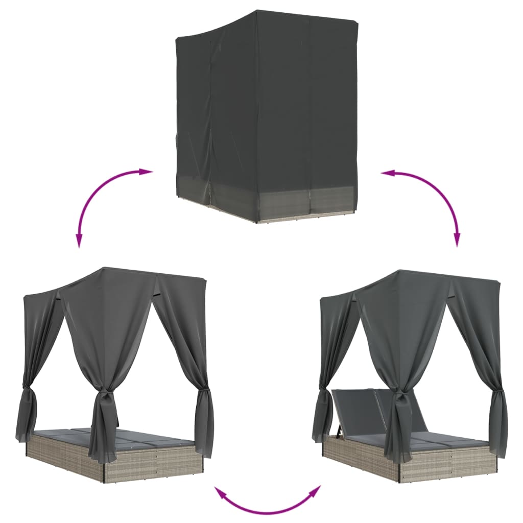 Двухместный шезлонг с крышей и занавесками, светло-серый ротанг