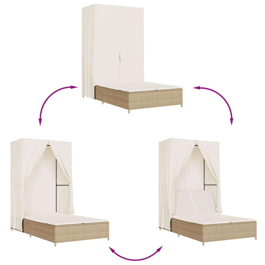 Двухместный шезлонг с крышей и шторами, бежевый, ротанг