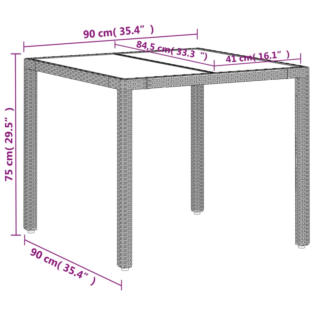 садовый стол со стеклянной столешницей, светло-серый, 90x90x75 см, полираттан