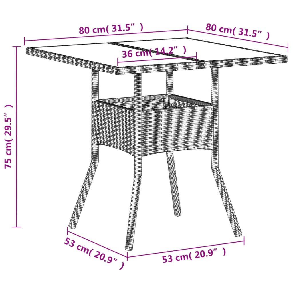 Садовый стол со стеклянной столешницей, светло-серый, 80x80x75 см, полираттан