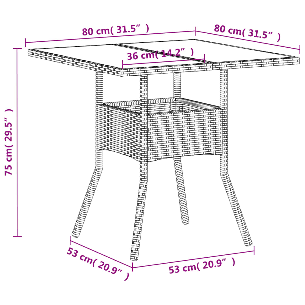 Садовый стол со стеклянной столешницей, белый, 80x80x75 см, полираттан