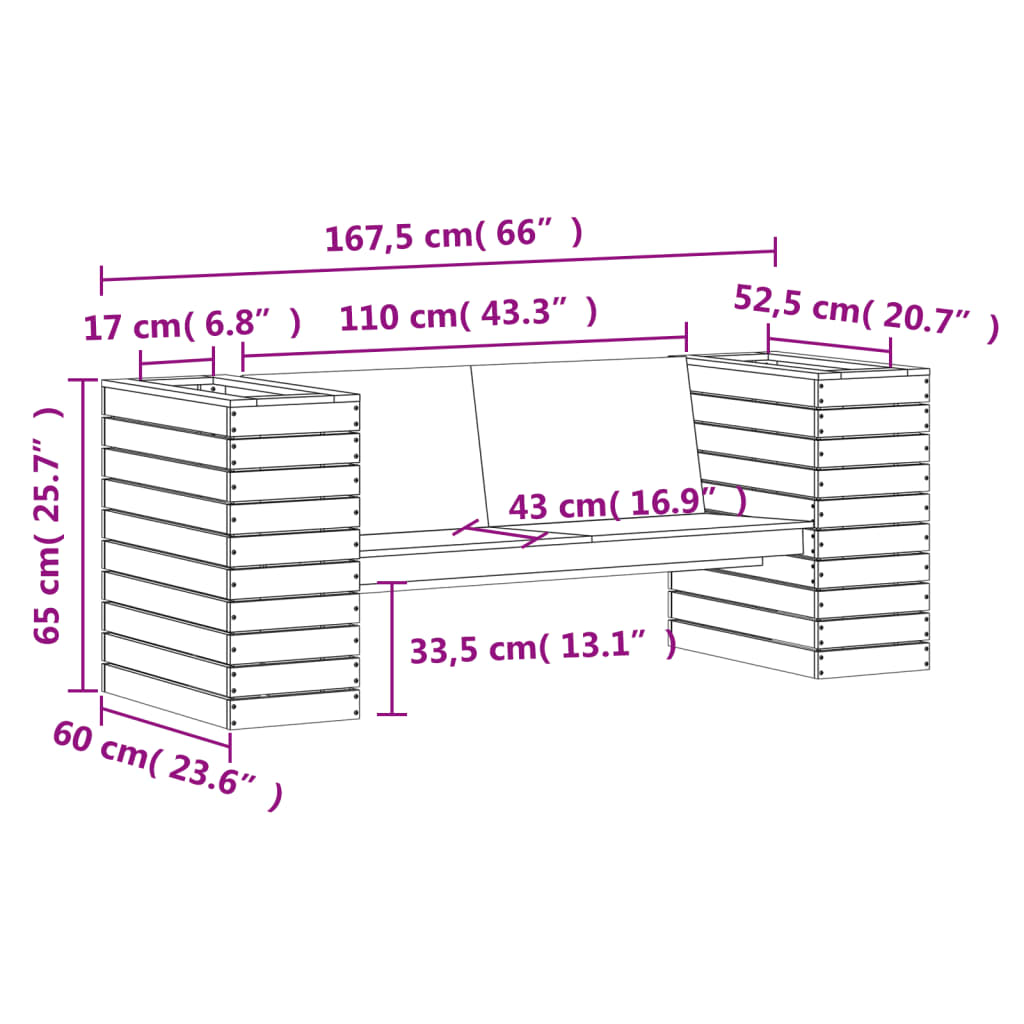 aiapink taimekastidega, 167,5x60x65 cm, ebatsuuga puit