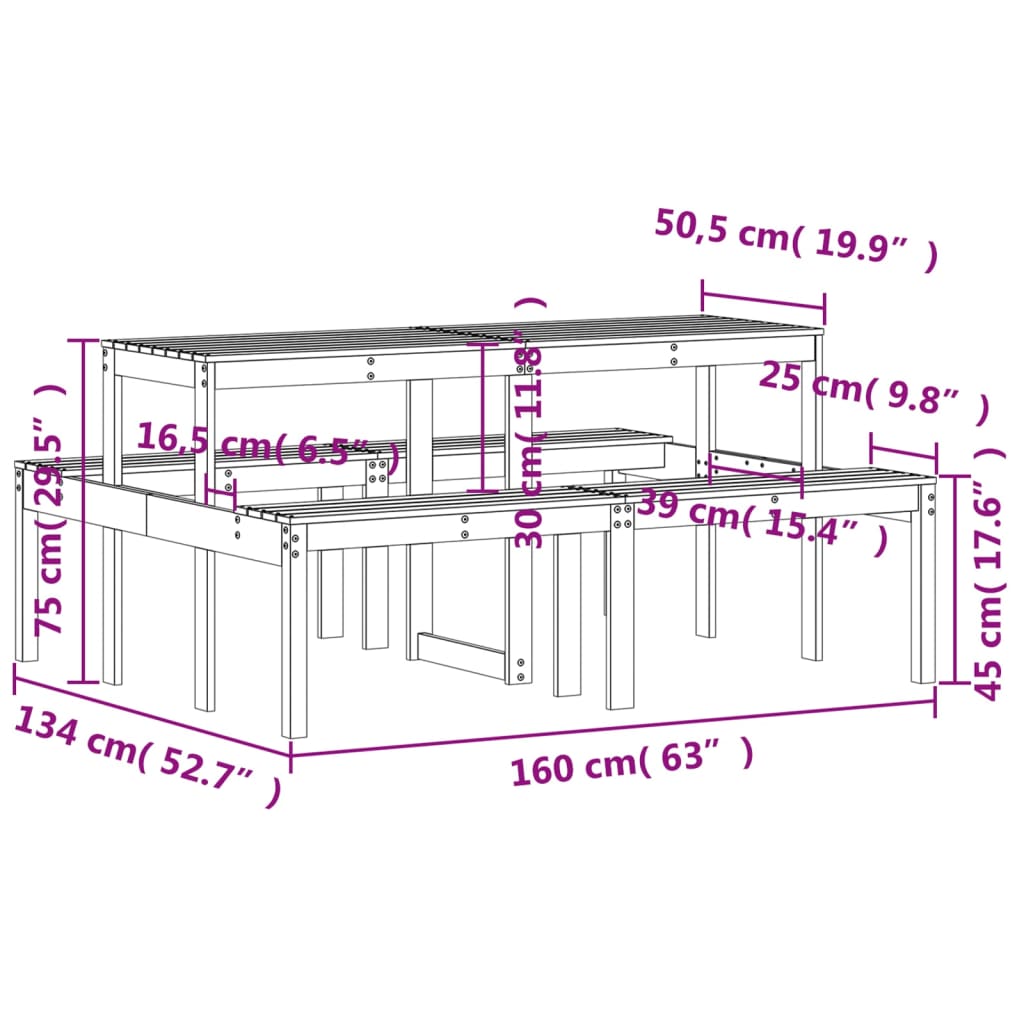 стол для пикника, 160 x 134 x 75 см, необработанное дерево